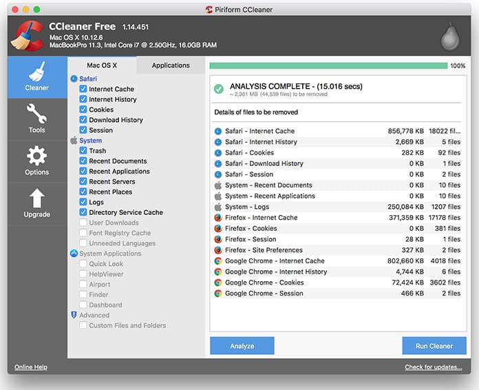 c cleaner for mac osx 10.12.1